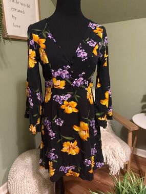 Forever 21 Black Floral V-Neck Long Sleeve Dress - Yellow & Purple Flowers